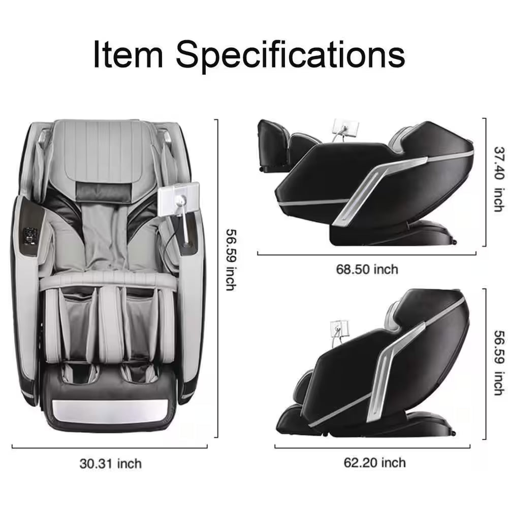 4D Deluxe Gray and Black Zero Gravity and Space Saving Faux Leather Heated Massage Chair with Sl-Track and Bluetooth